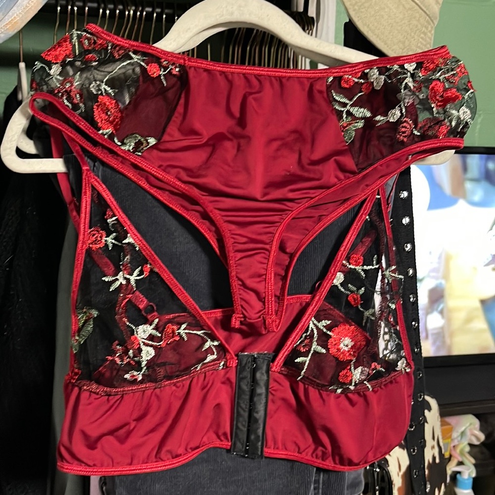Red embroidered mesh bralette and panty set